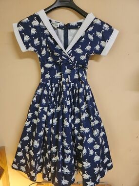 Unique Vintage Navy Swan Print Midi Dress with White Trim